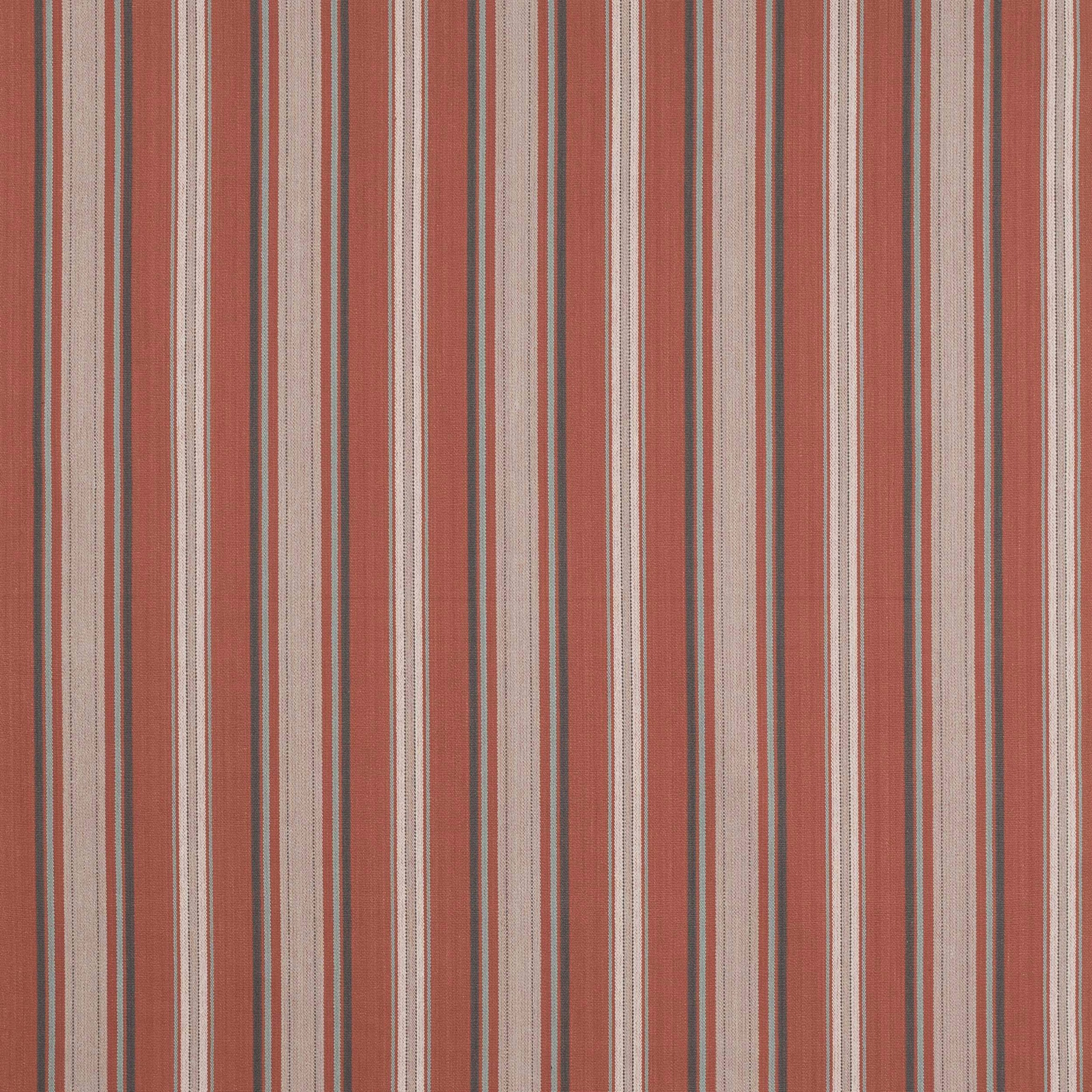 Vertical coral-red and cream stripe fabric with fine taupe and grey lines