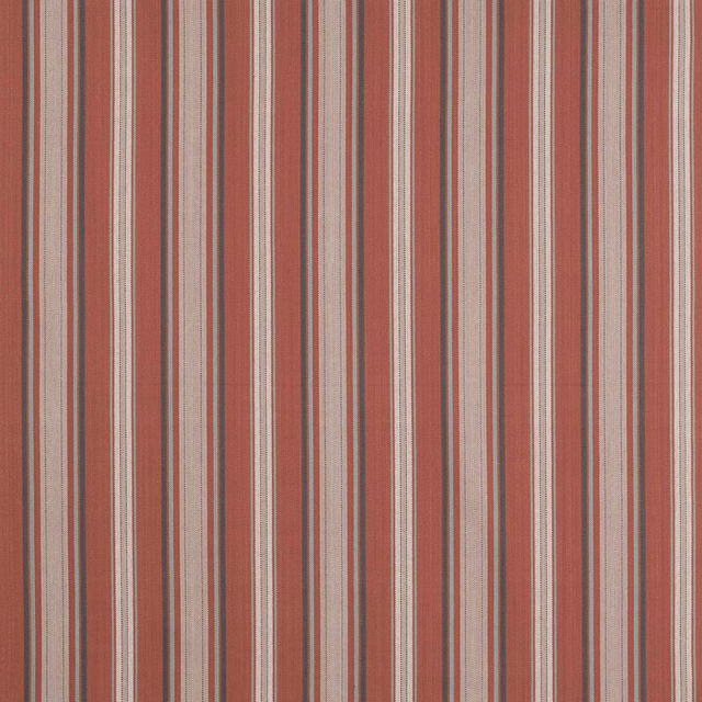 Vertical coral-red and cream stripe fabric with fine taupe and grey lines