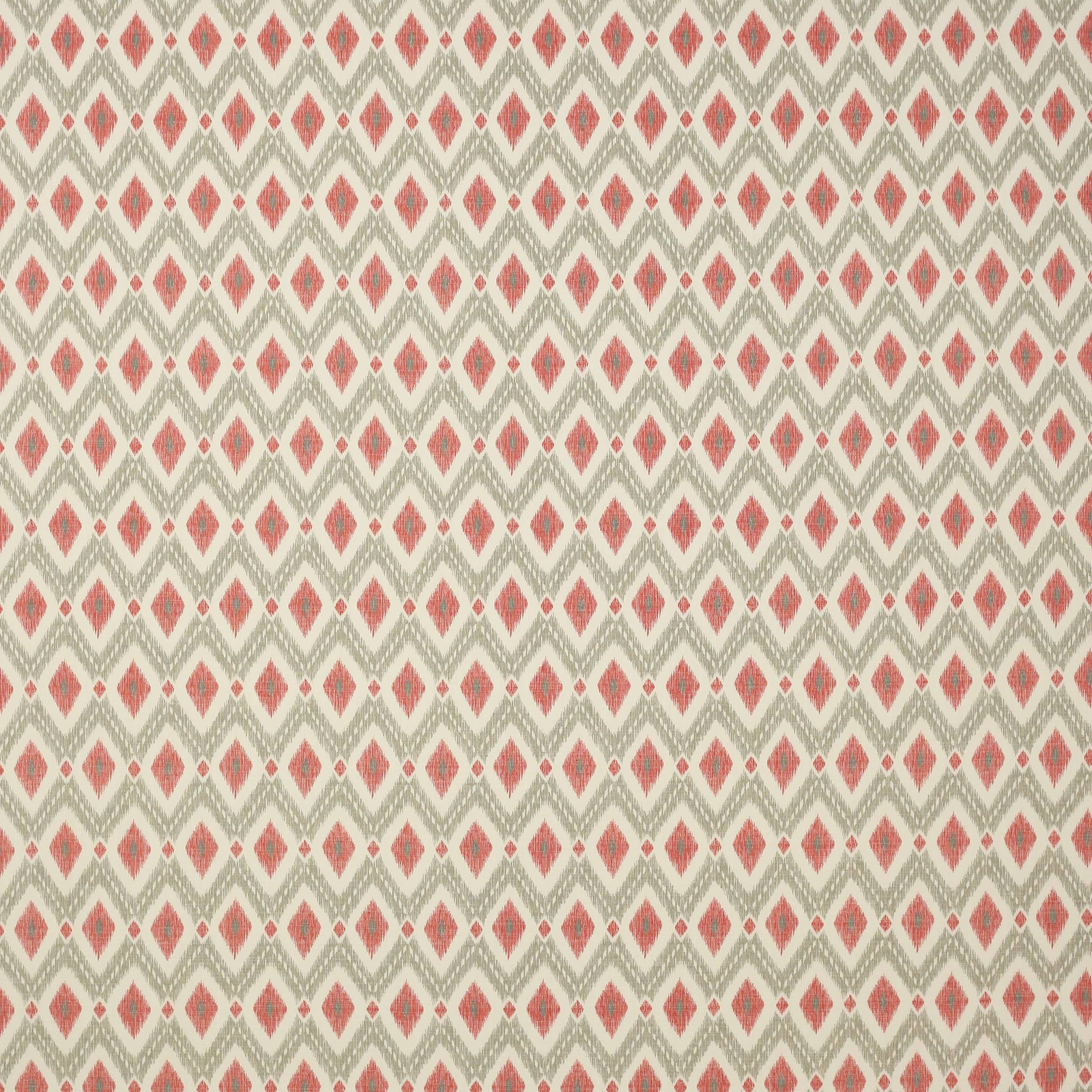Coral-red diamond geometric fabric on an oatmeal ground with zigzag rows
