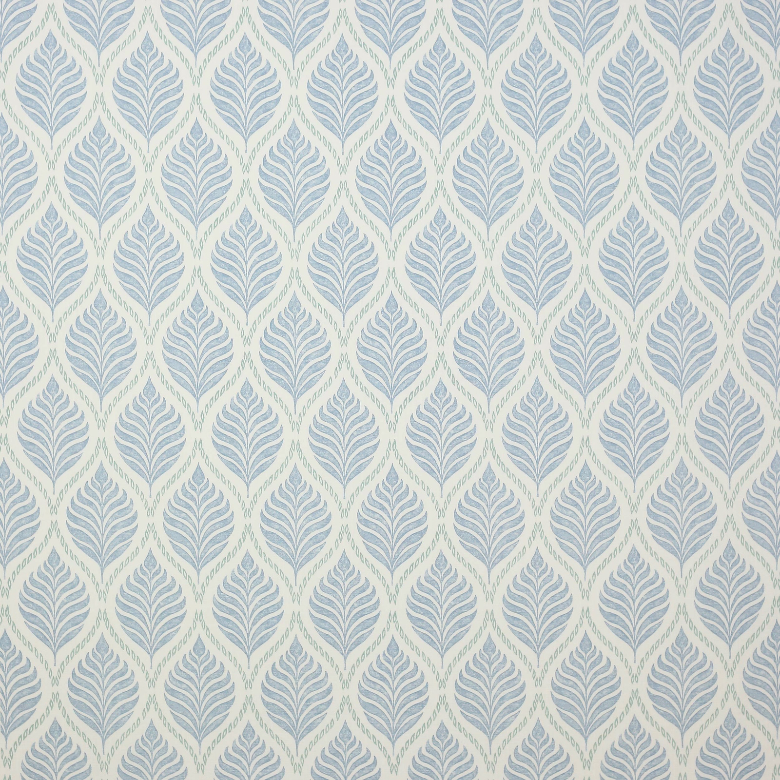 Pale blue leaf motif on a creamy cotton ground, repeated in a neat diamond layout