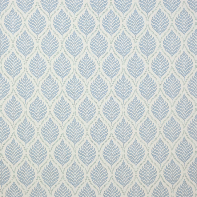 Pale blue leaf motif on a creamy cotton ground, repeated in a neat diamond layout