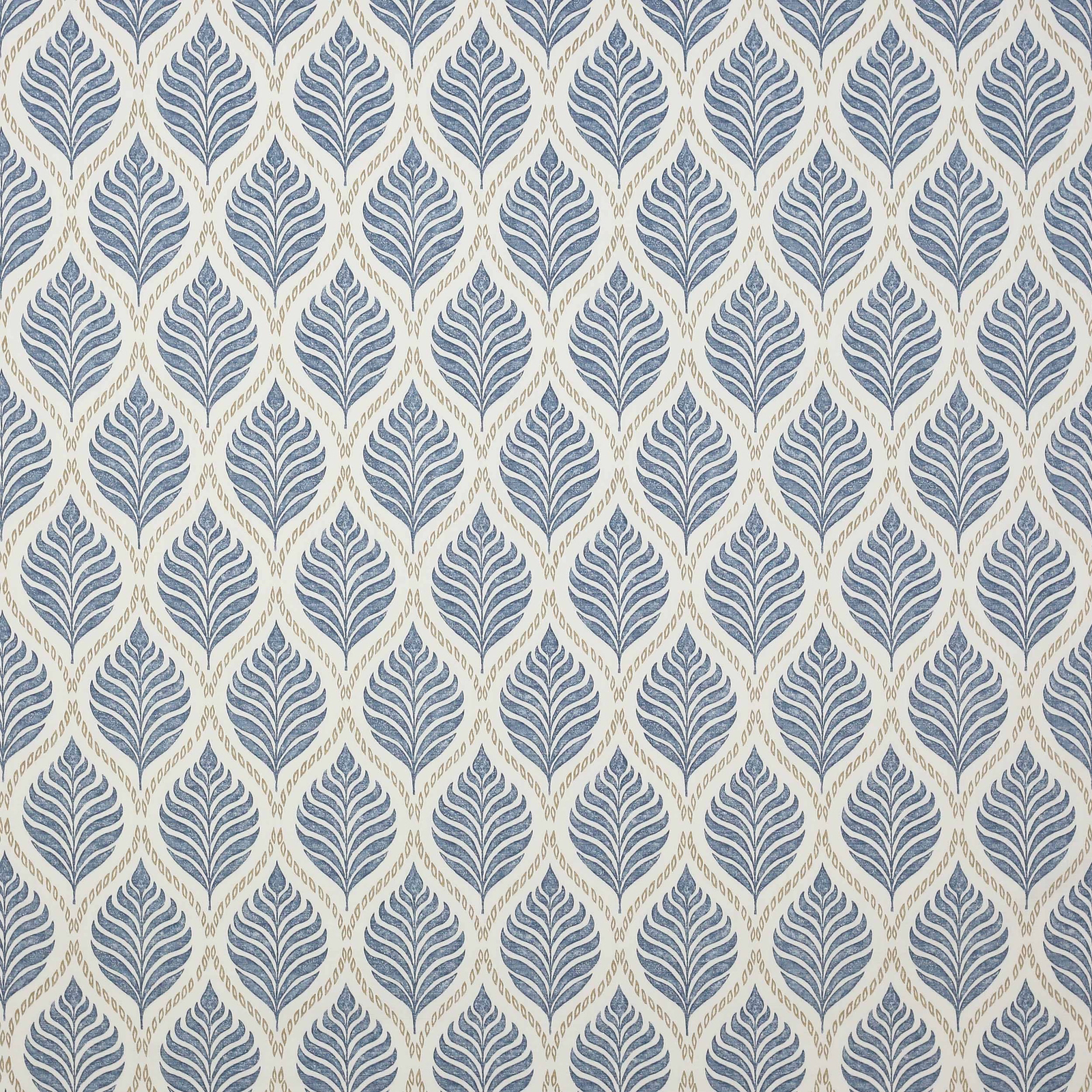 Blue leaf repeat fabric swatch with pale ground and small diamond motif