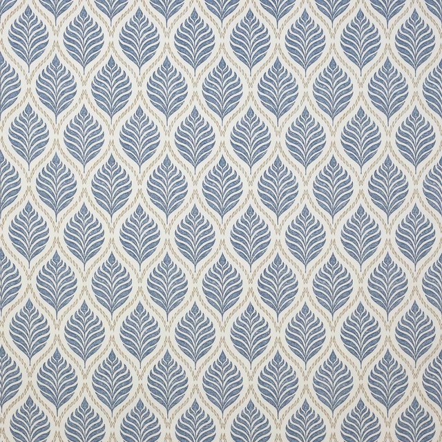 Blue leaf repeat fabric swatch with pale ground and small diamond motif