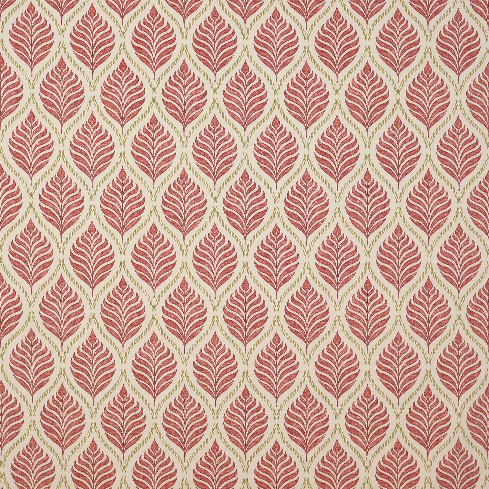 Coral red leaf motifs in a diamond lattice on a pale ground