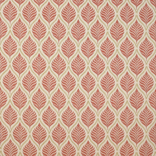 Coral red leaf motifs in a diamond lattice on a pale ground