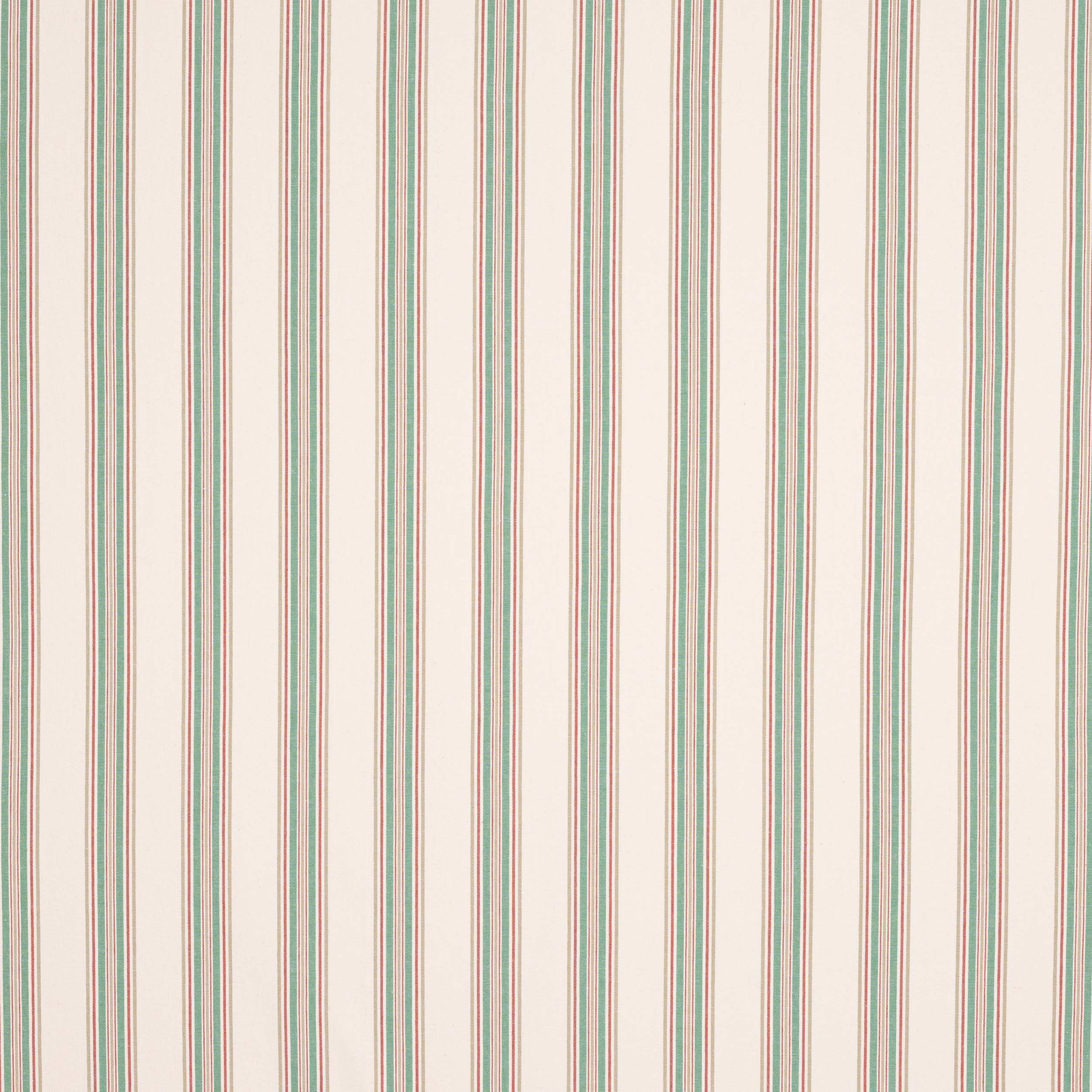 Vertical red and green pinstripes on a pale ivory woven fabric