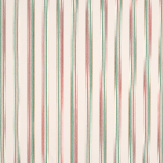 Vertical red and green pinstripes on a pale ivory woven fabric