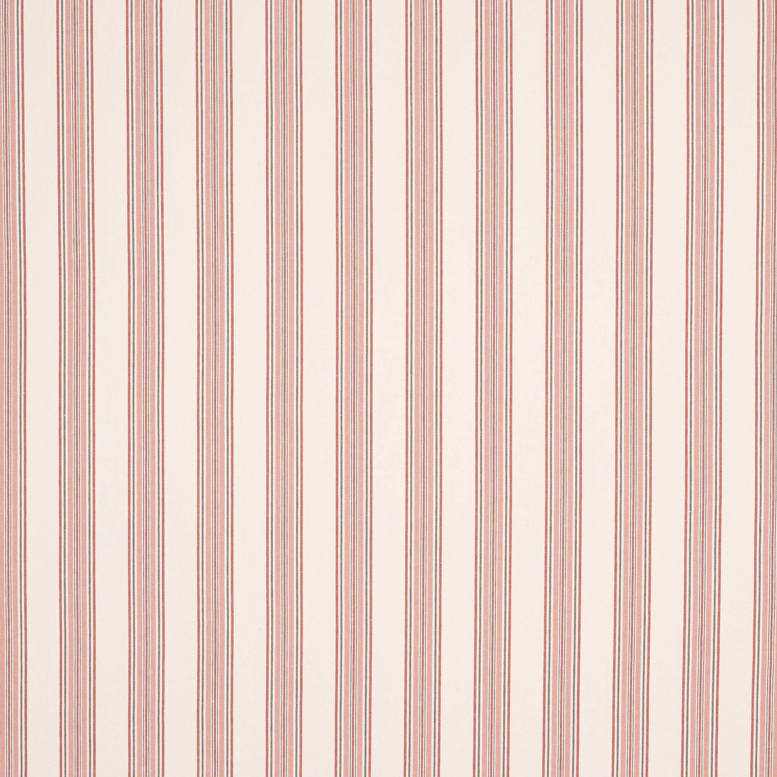 Cream ground fabric with fine vertical red stripes and subtle woven texture