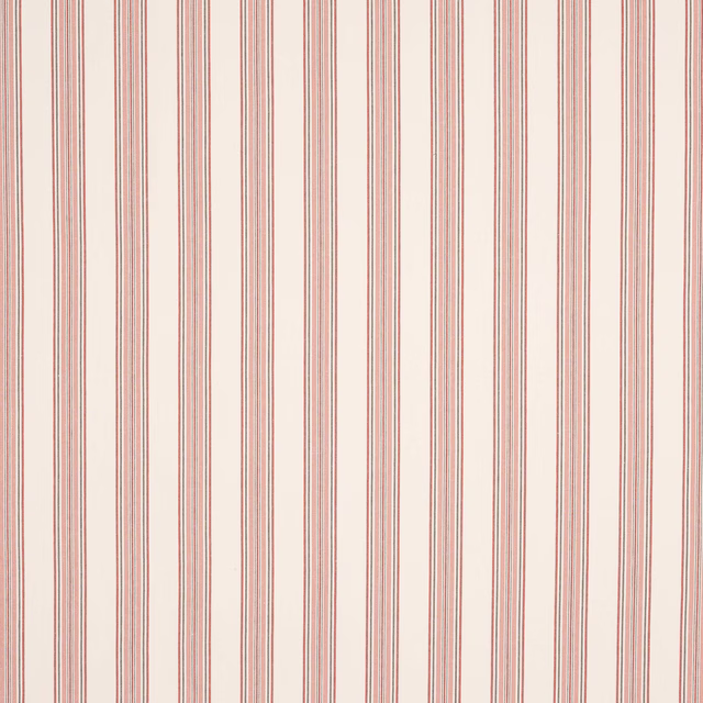 Cream ground fabric with fine vertical red stripes and subtle woven texture