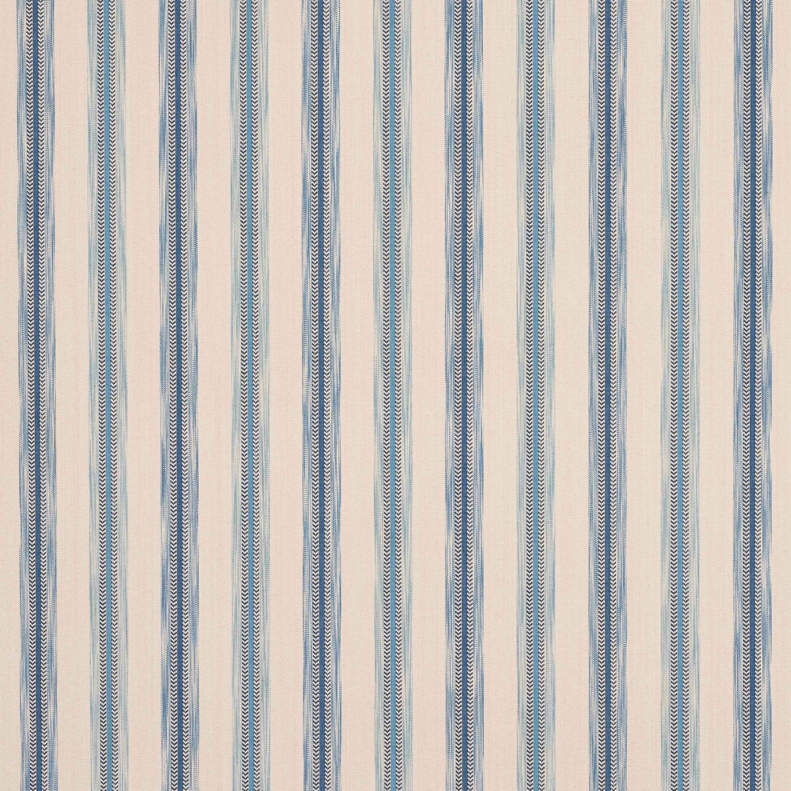 Pale cotton stripe fabric with soft blue vertical bands and fine chevron detail