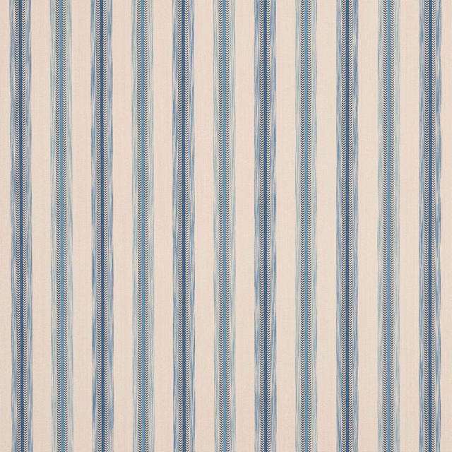 Pale cotton stripe fabric with soft blue vertical bands and fine chevron detail