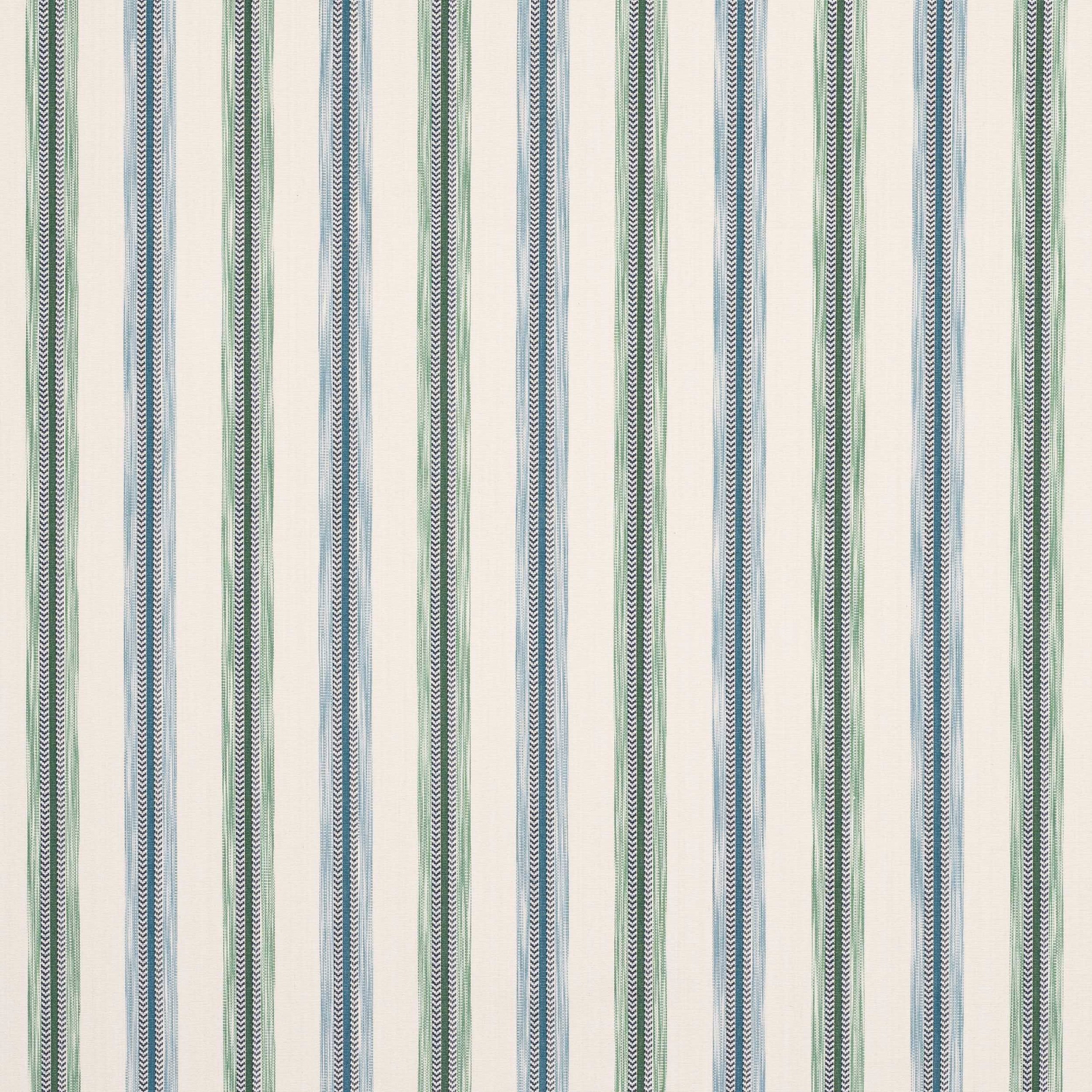 Vertical green and blue striped cotton swatch on a warm ivory ground