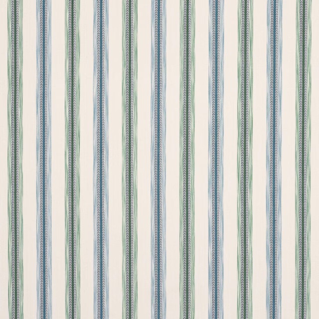 Vertical green and blue striped cotton swatch on a warm ivory ground