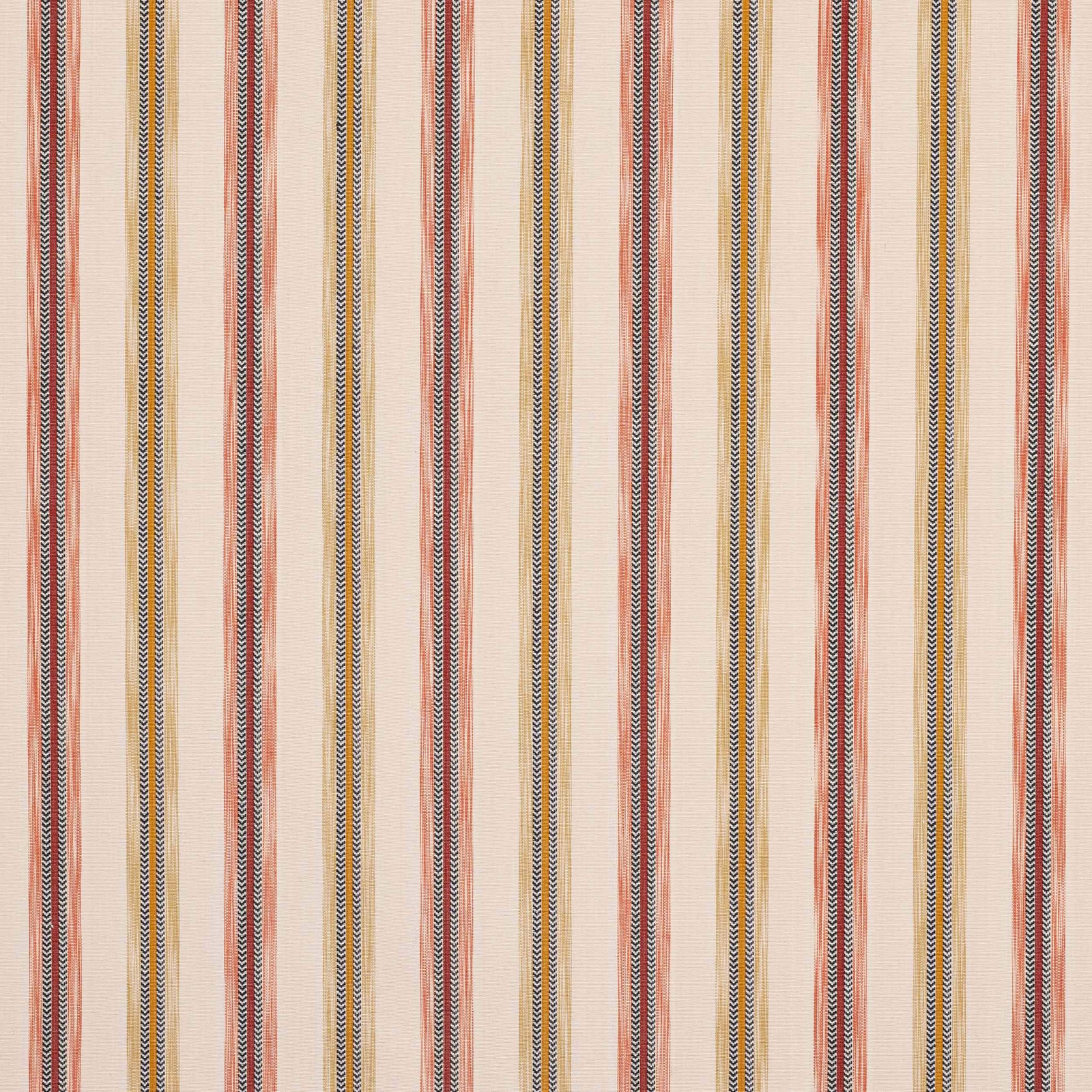 Vertical ochre and red cotton stripe fabric on a pale ground