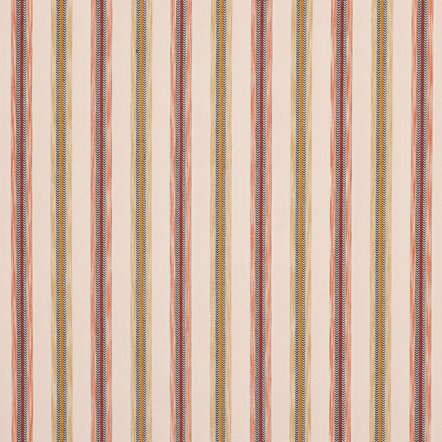 Vertical ochre and red cotton stripe fabric on a pale ground