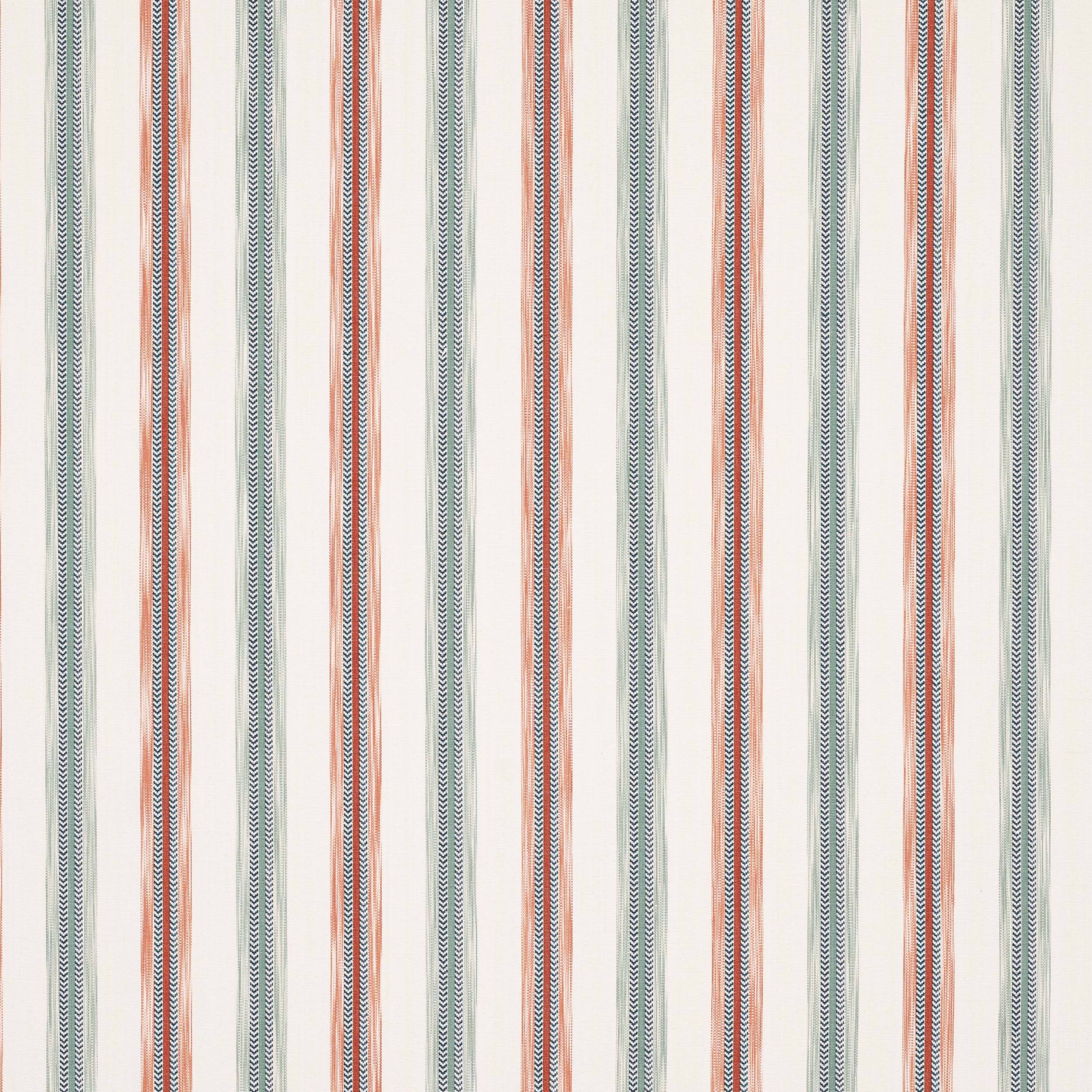 Vertical red and teal woven stripe fabric on a pale ivory ground