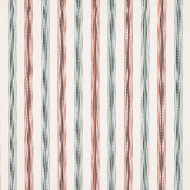 Vertical red and teal woven stripe fabric on a pale ivory ground