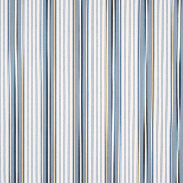 Vertical blue and white striped cotton swatch with fine navy accents
