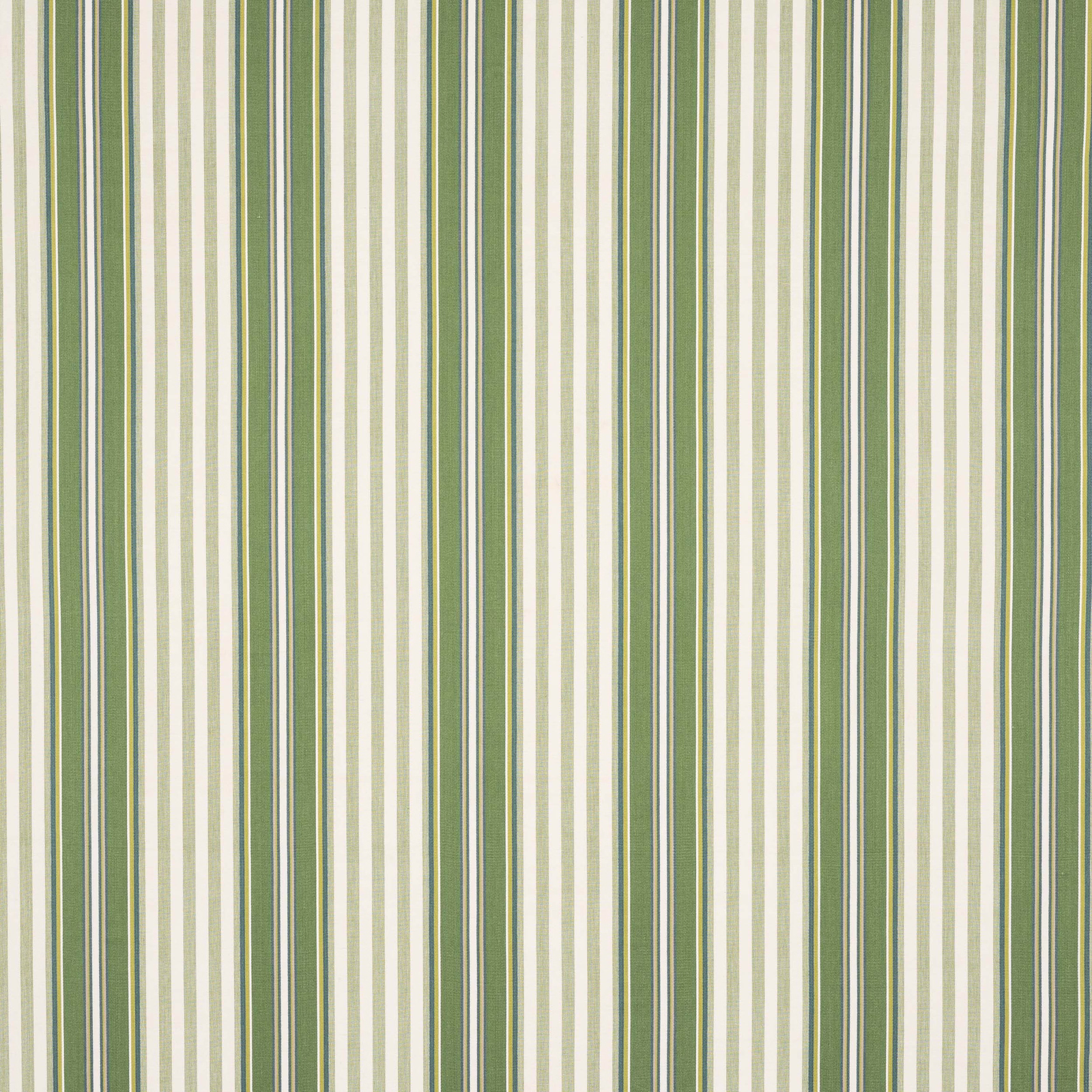 Vertical green and cream cotton stripe fabric with narrow olive accents
