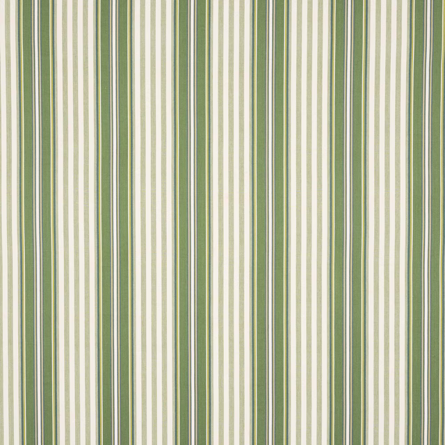 Vertical green and cream cotton stripe fabric with narrow olive accents