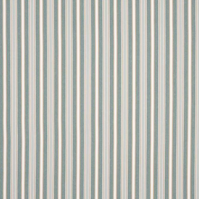 Vertical aqua and cream stripe fabric with a lightly slubbed linen-cotton weave