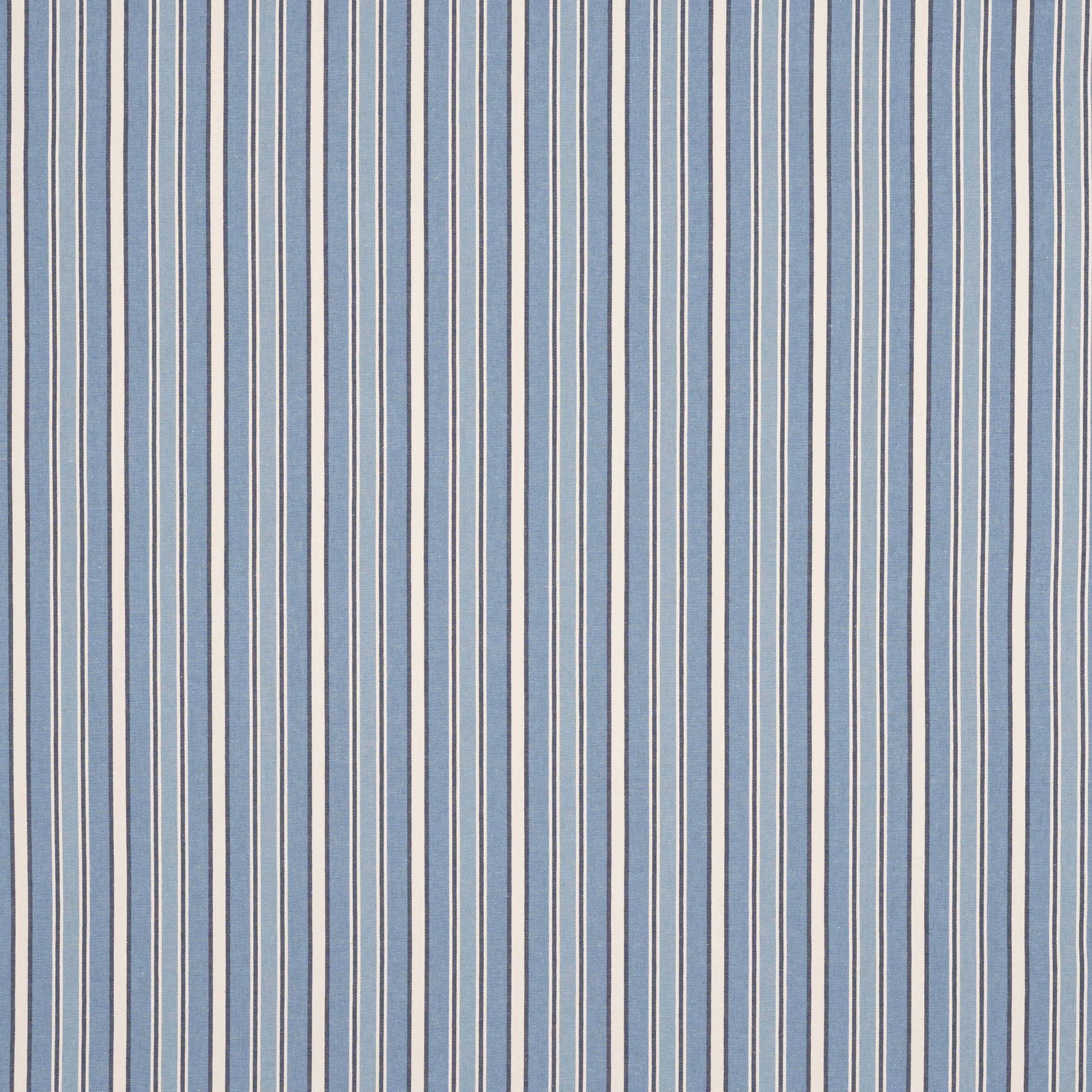 Narrow vertical blue and ivory stripe fabric swatch with a soft linen texture