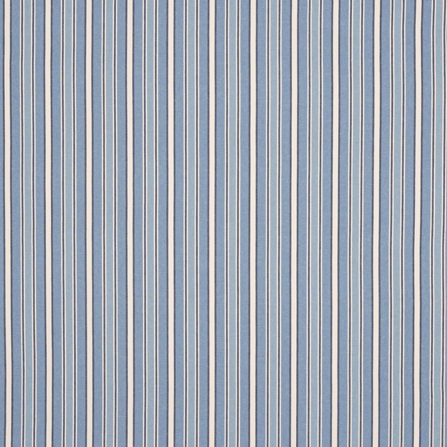Narrow vertical blue and ivory stripe fabric swatch with a soft linen texture