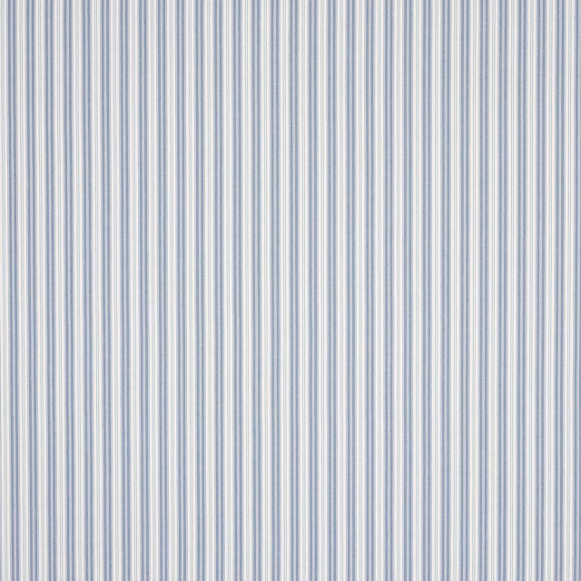 Pale blue and ivory fine vertical stripe fabric swatch with smooth woven texture
