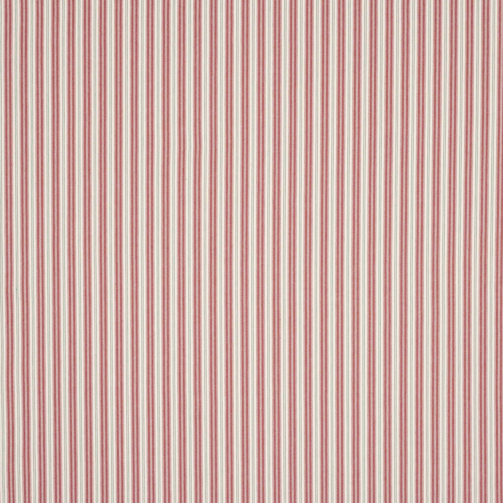 Vertical narrow red, cream and sage stripes on a woven fabric swatch