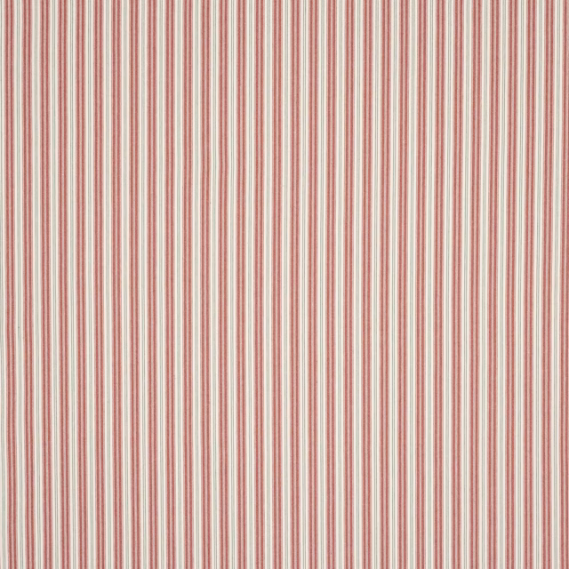 Vertical narrow red, cream and sage stripes on a woven fabric swatch