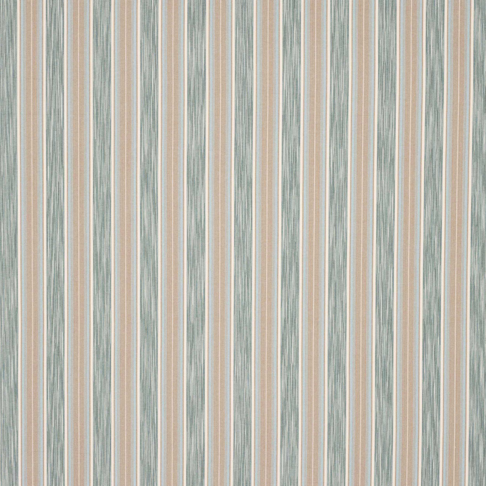 Vertical aqua and beige striped cotton fabric with a softly textured weave