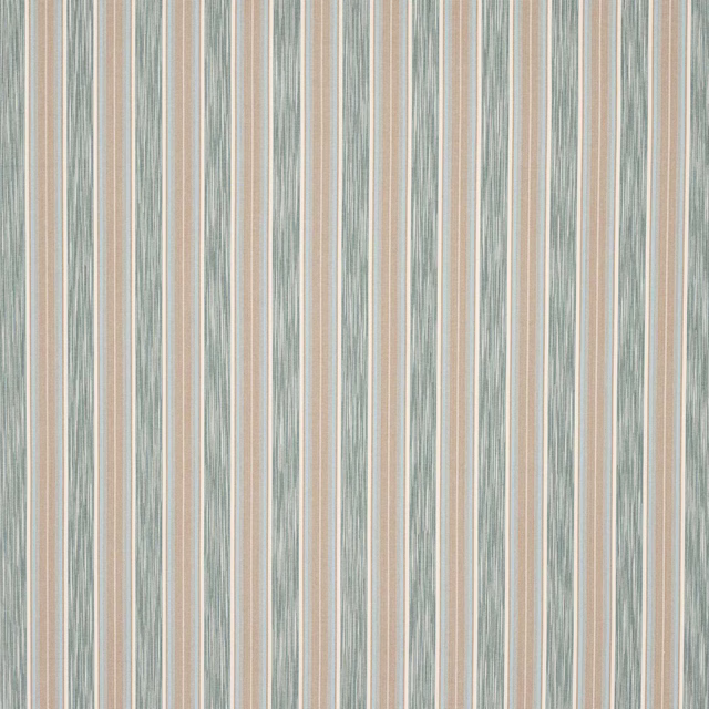 Vertical aqua and beige striped cotton fabric with a softly textured weave