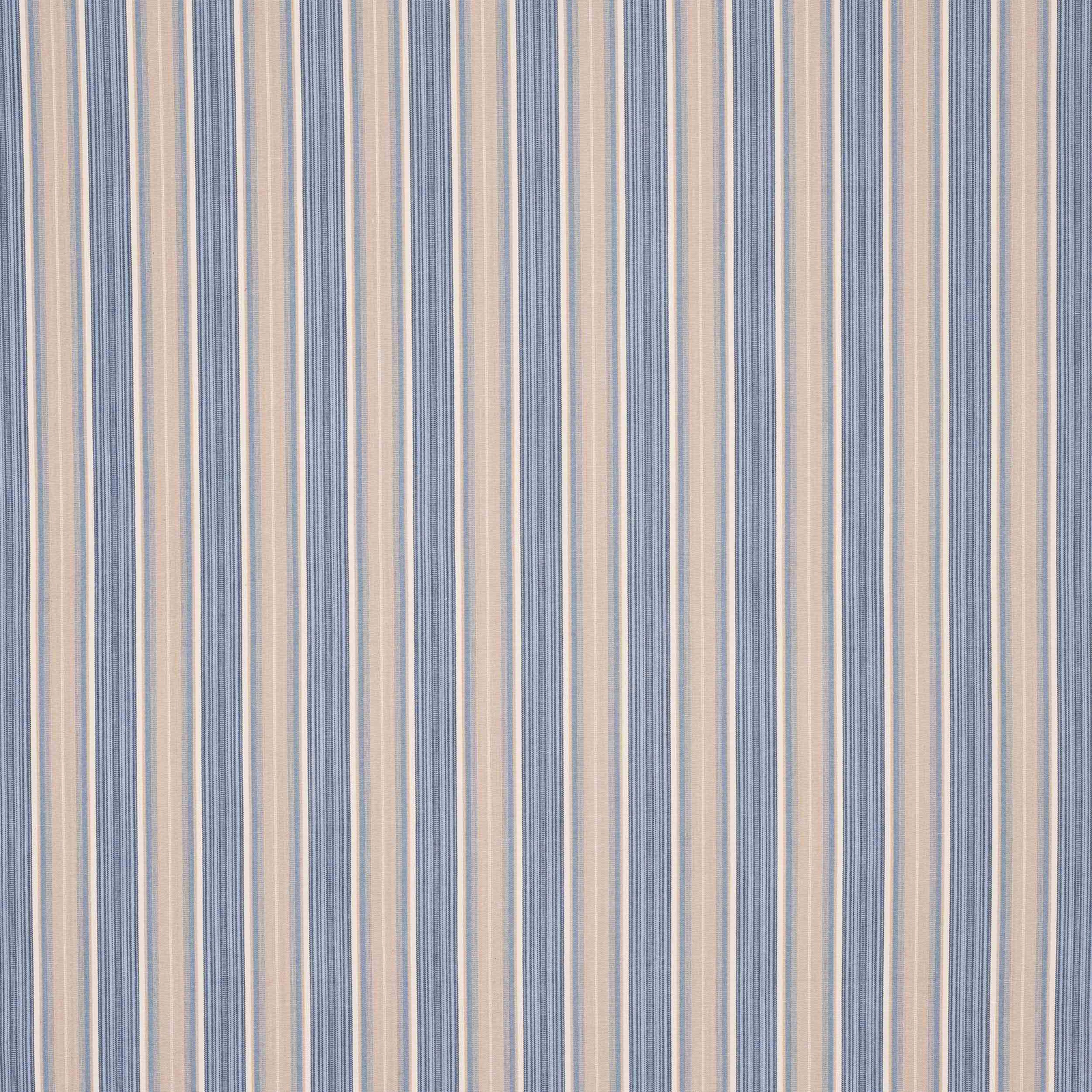 Vertical blue and ivory stripe cotton fabric with fine woven texture