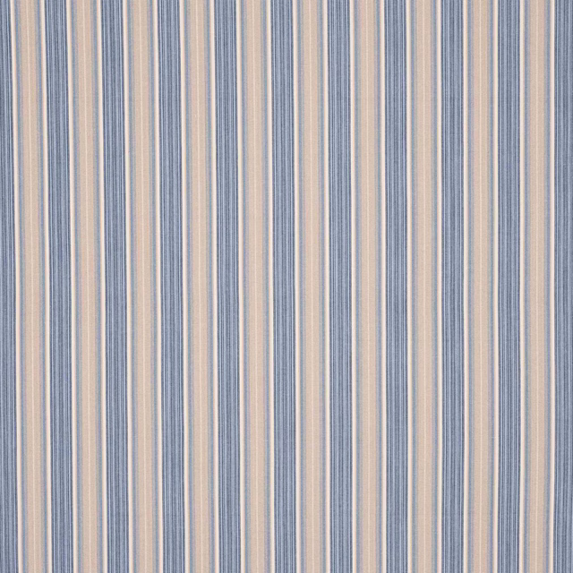 Vertical blue and ivory stripe cotton fabric with fine woven texture