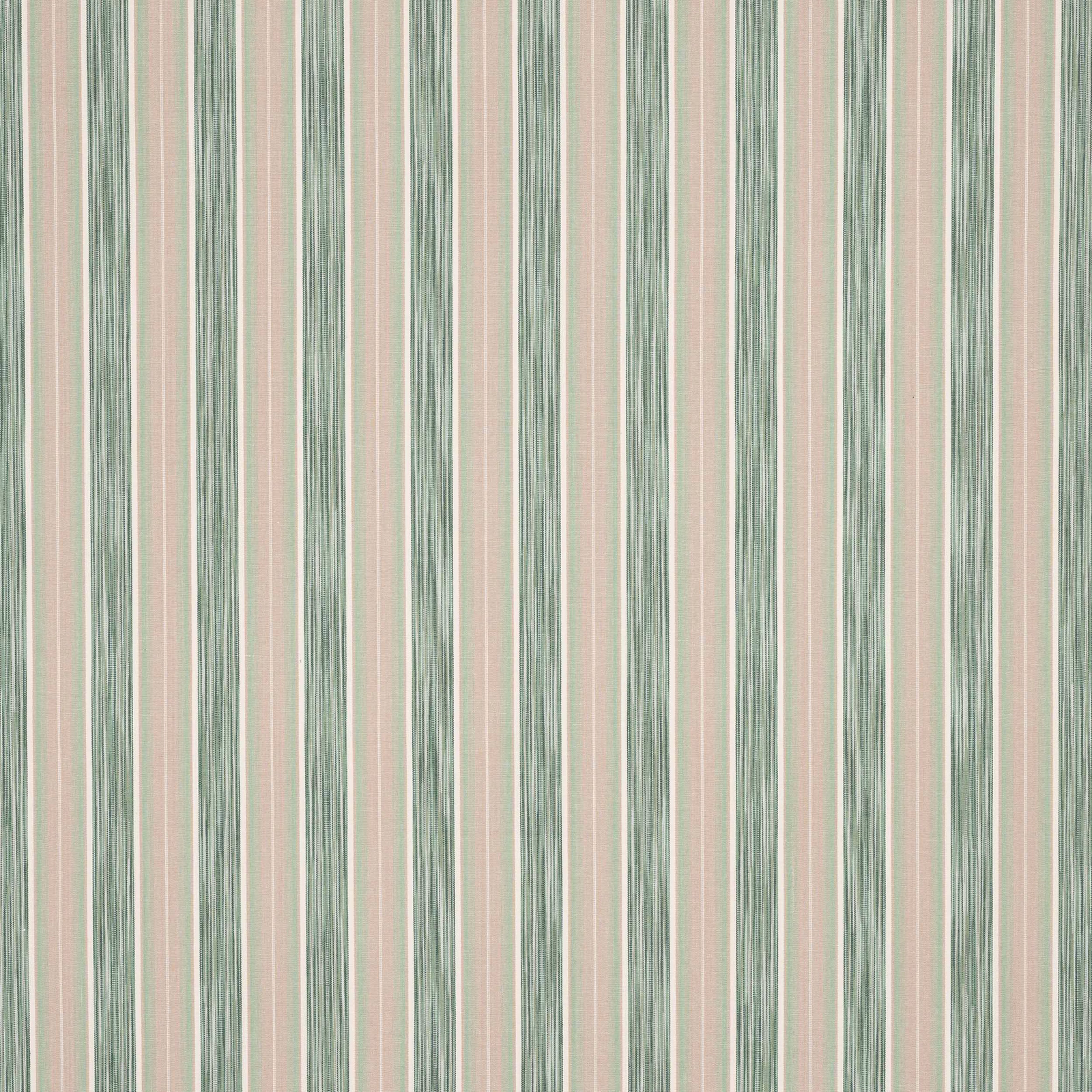 Vertical sage green and blush cotton stripes on a pale ground