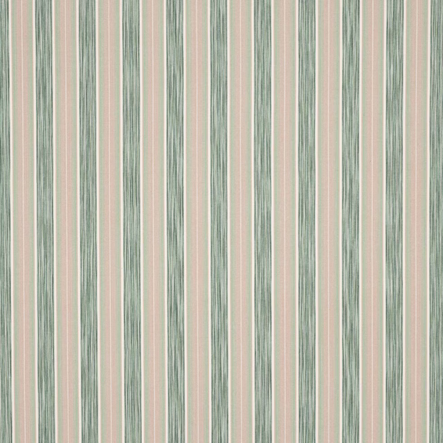 Vertical sage green and blush cotton stripes on a pale ground