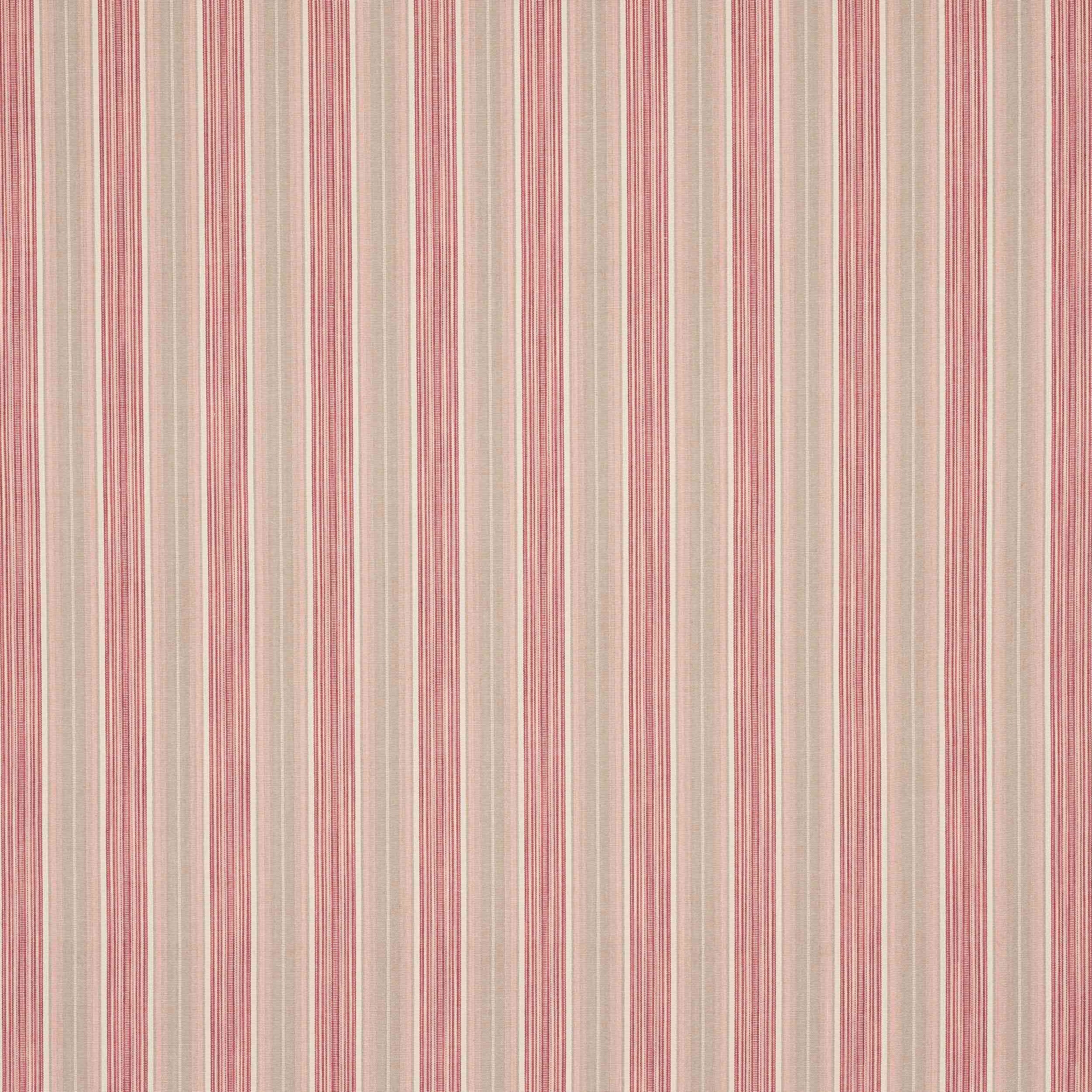 Vertical pink and red stripes on a pale cream cotton fabric swatch