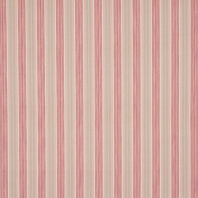 Vertical pink and red stripes on a pale cream cotton fabric swatch