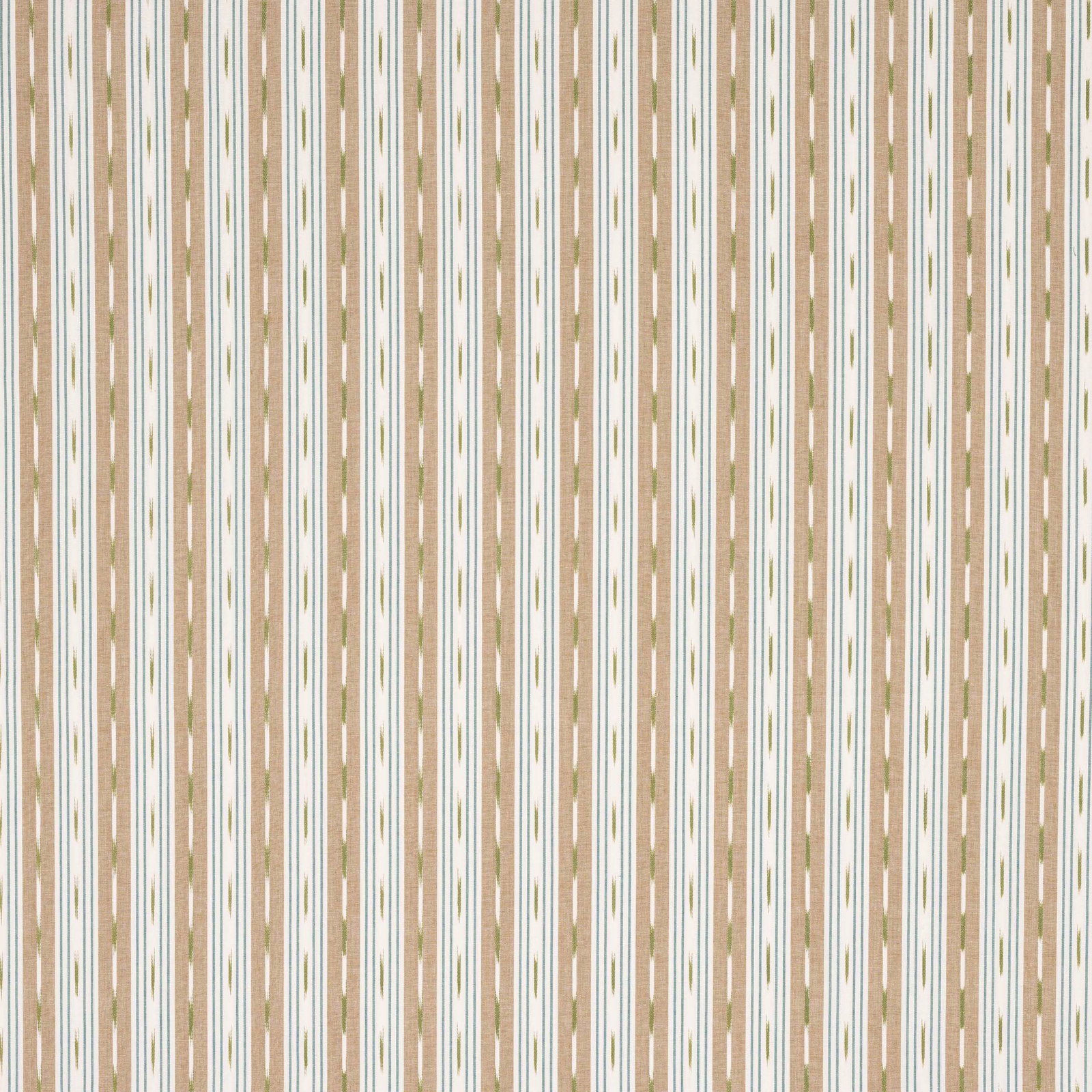 Vertical beige and aqua striped cotton fabric with slender olive accents