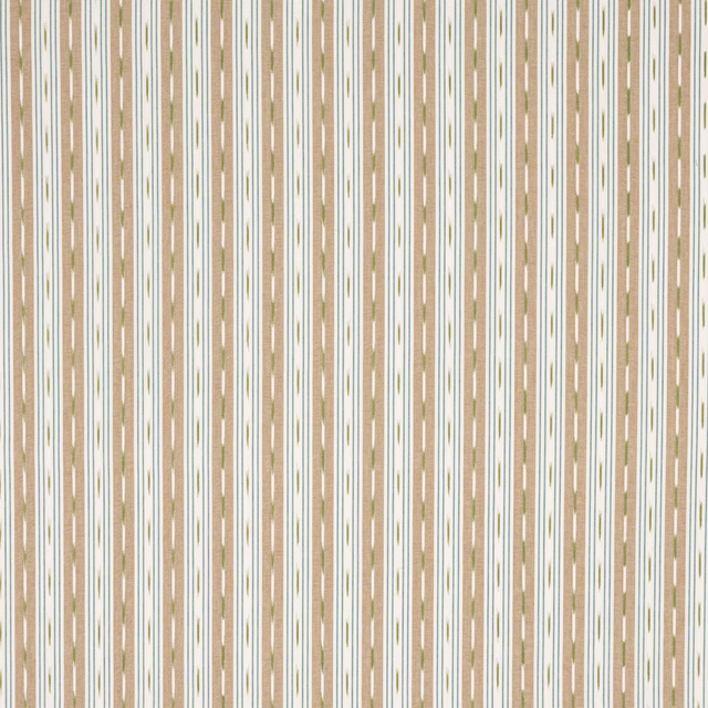 Vertical beige and aqua striped cotton fabric with slender olive accents