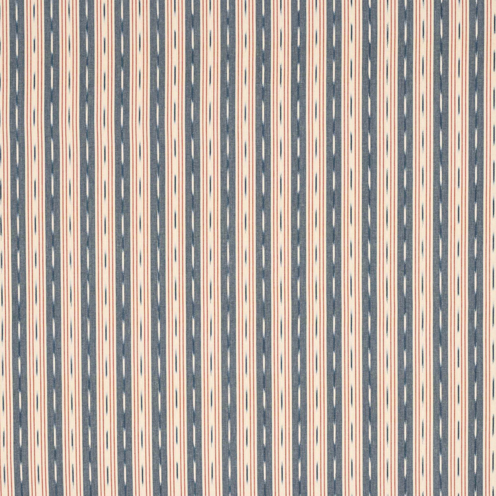 Vertical navy, cream and red striped cotton fabric swatch