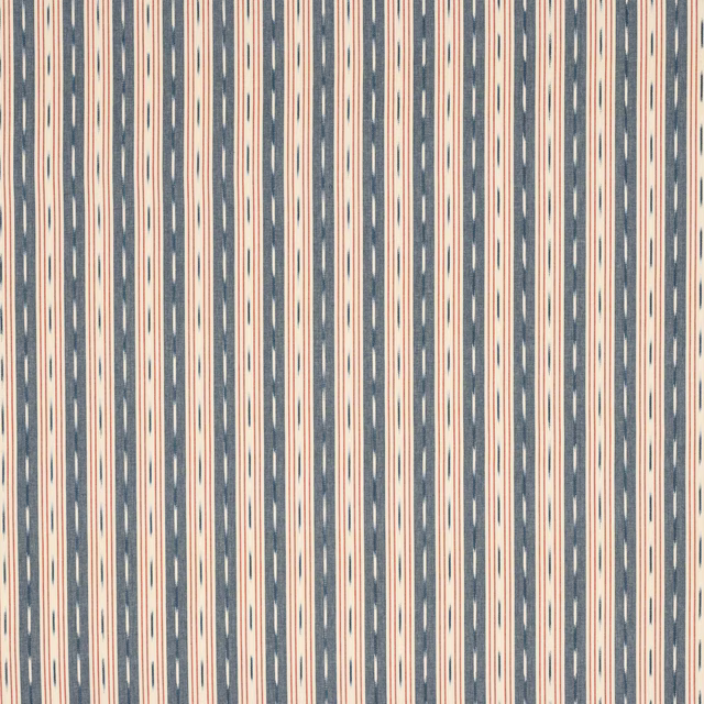 Vertical navy, cream and red striped cotton fabric swatch