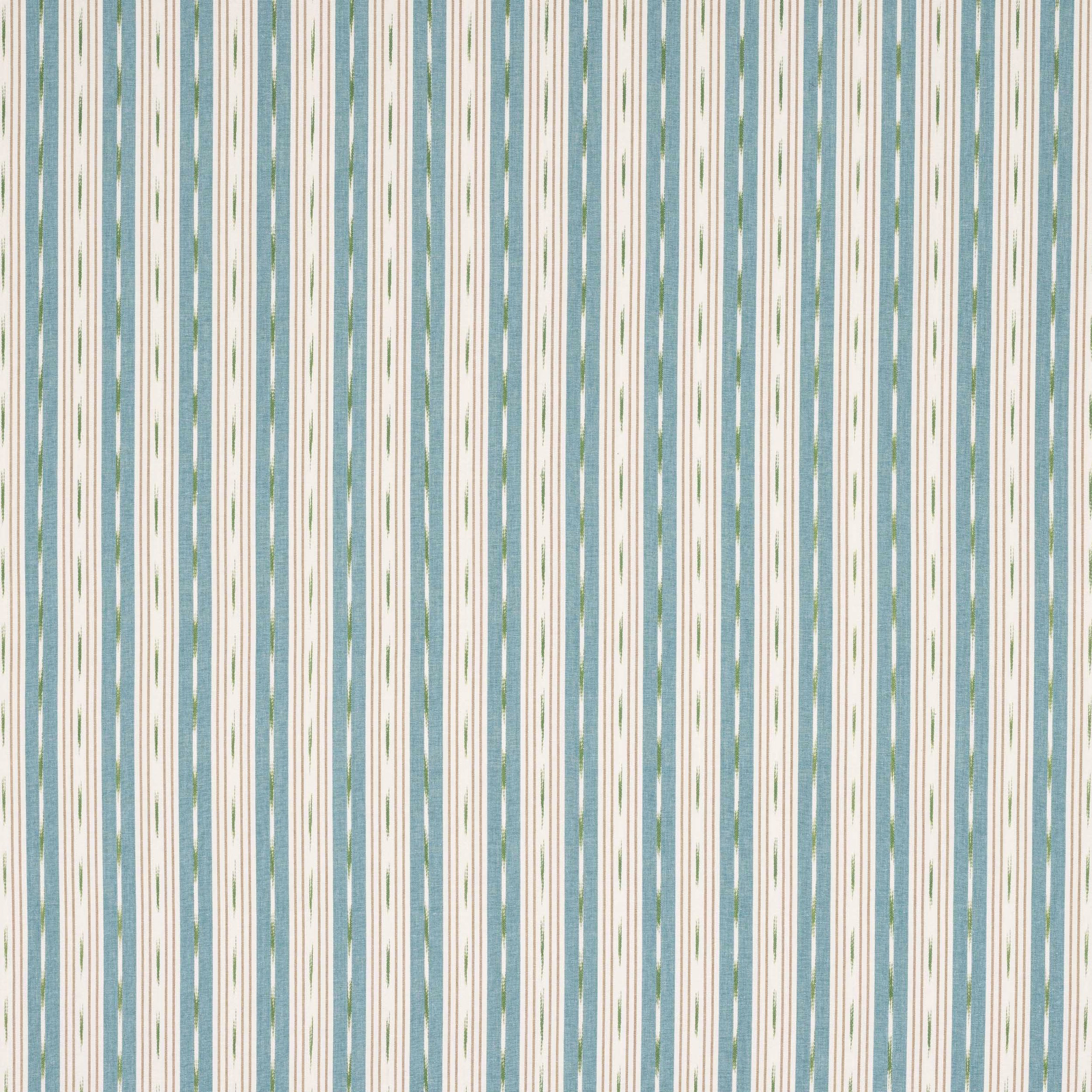 Vertical teal and cream striped cotton fabric with fine green accents
