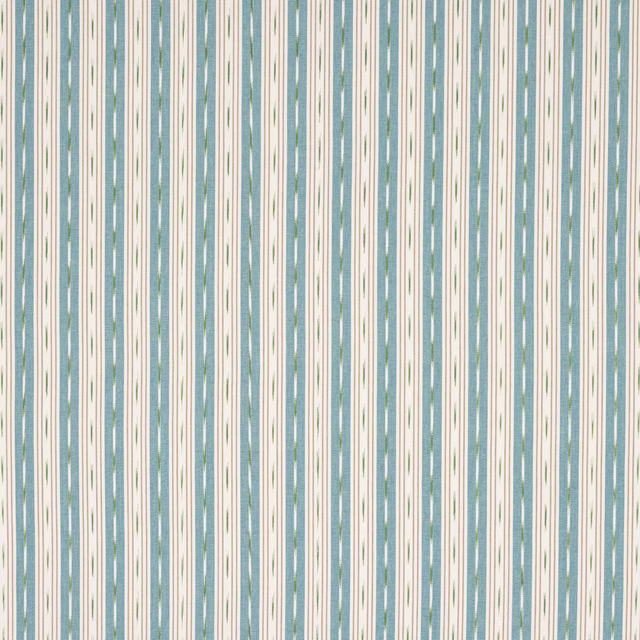 Vertical teal and cream striped cotton fabric with fine green accents