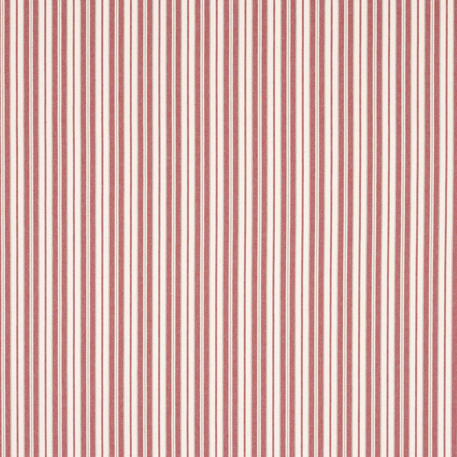 Vertical red and ivory pinstripe fabric swatch with a soft dusty finish