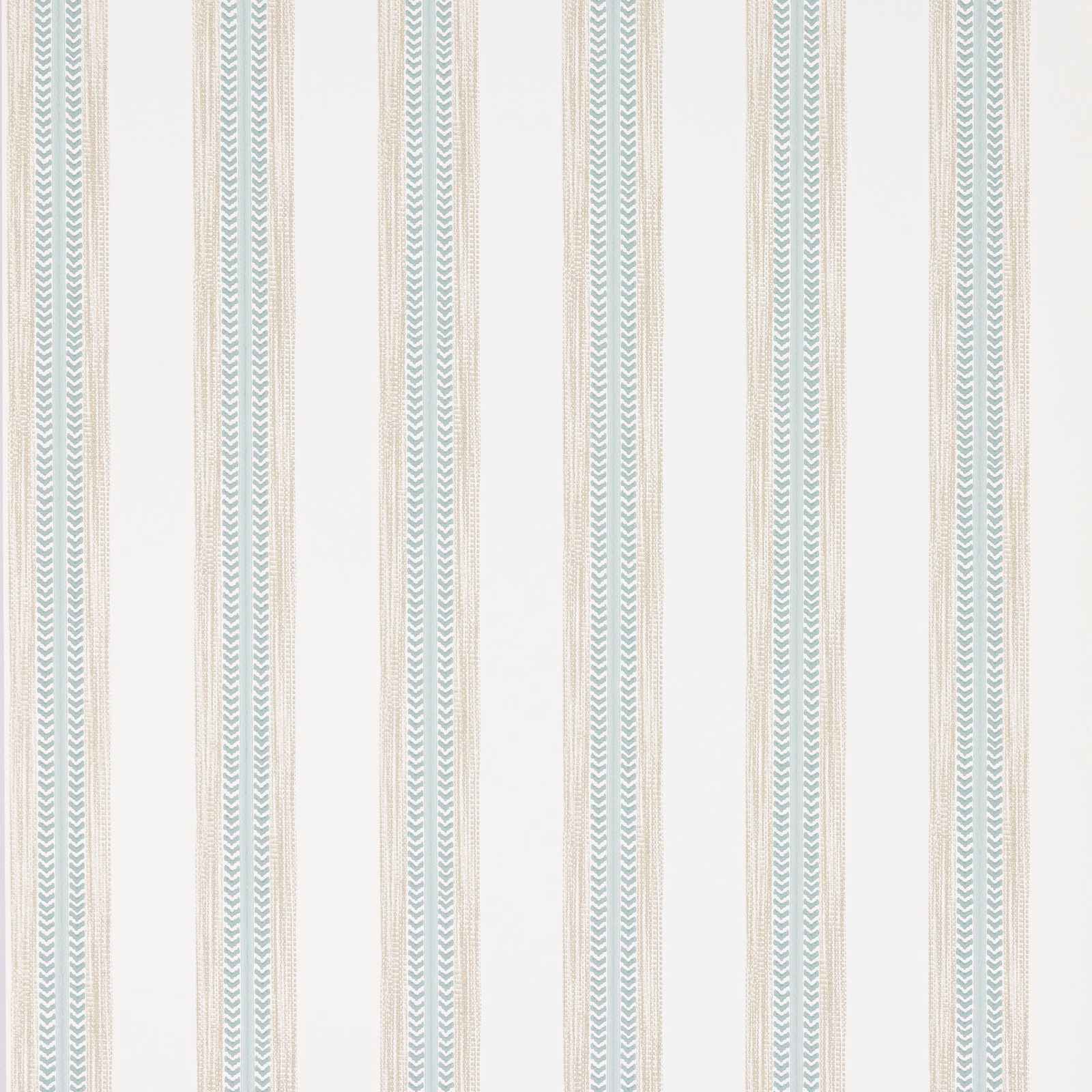 Ivory wallpaper with pale aqua chevron stripes and fine beige vertical lines