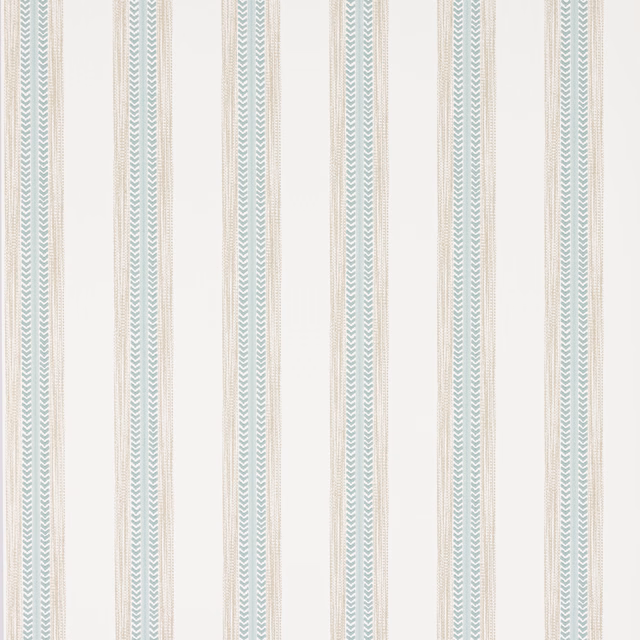 Ivory wallpaper with pale aqua chevron stripes and fine beige vertical lines
