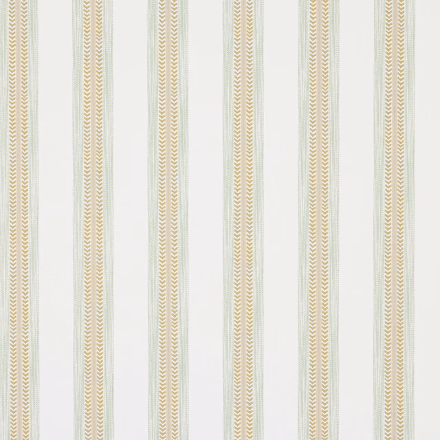 Pale sage green and ivory striped wallpaper with slender ochre chevron lines