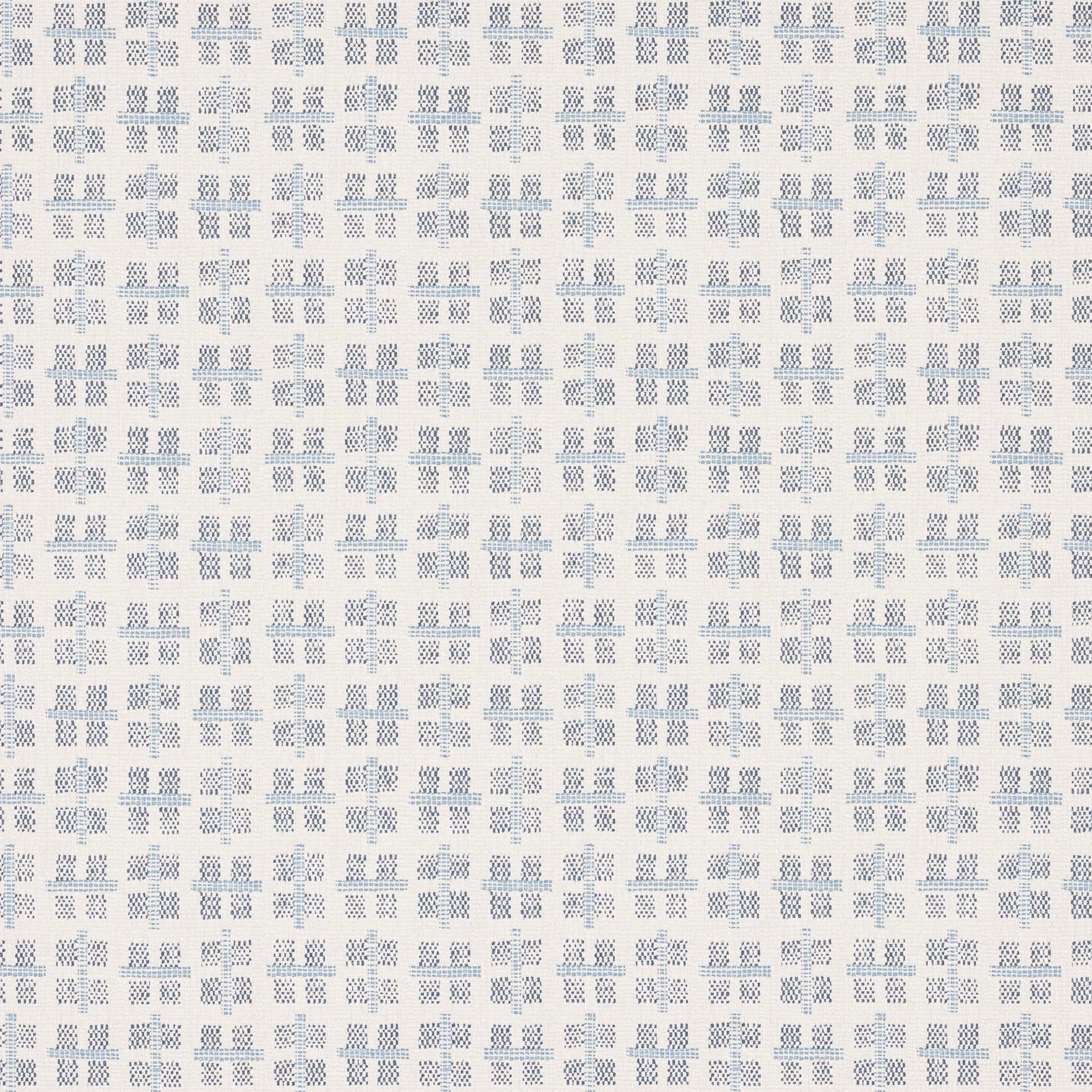 Pale blue-grey geometric check with tiny crosshatched motifs on an ivory ground