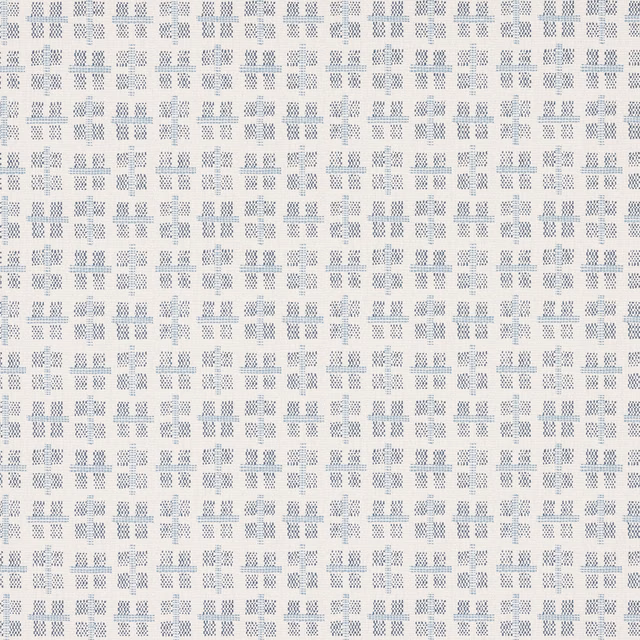 Pale blue-grey geometric check with tiny crosshatched motifs on an ivory ground